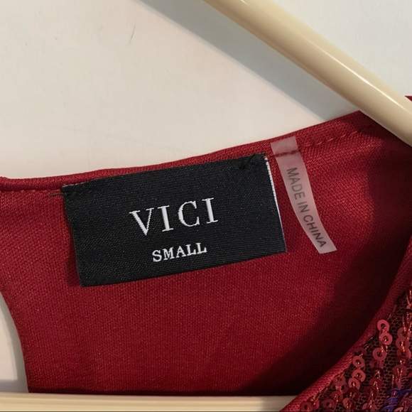 VICI Sequin Dress Red Long Sleeve w/ Velvet Waist Tie Belt - Size Small - Picture 3 of 6